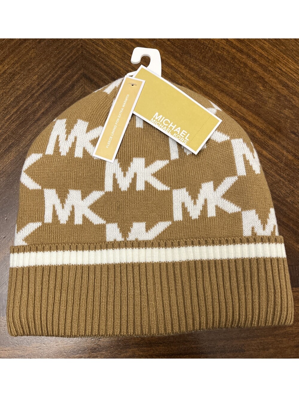 NWT MICHAEL KORS Women Fleece Lined Cuff Beanie Camel Signature MK Logo $58 MSRP